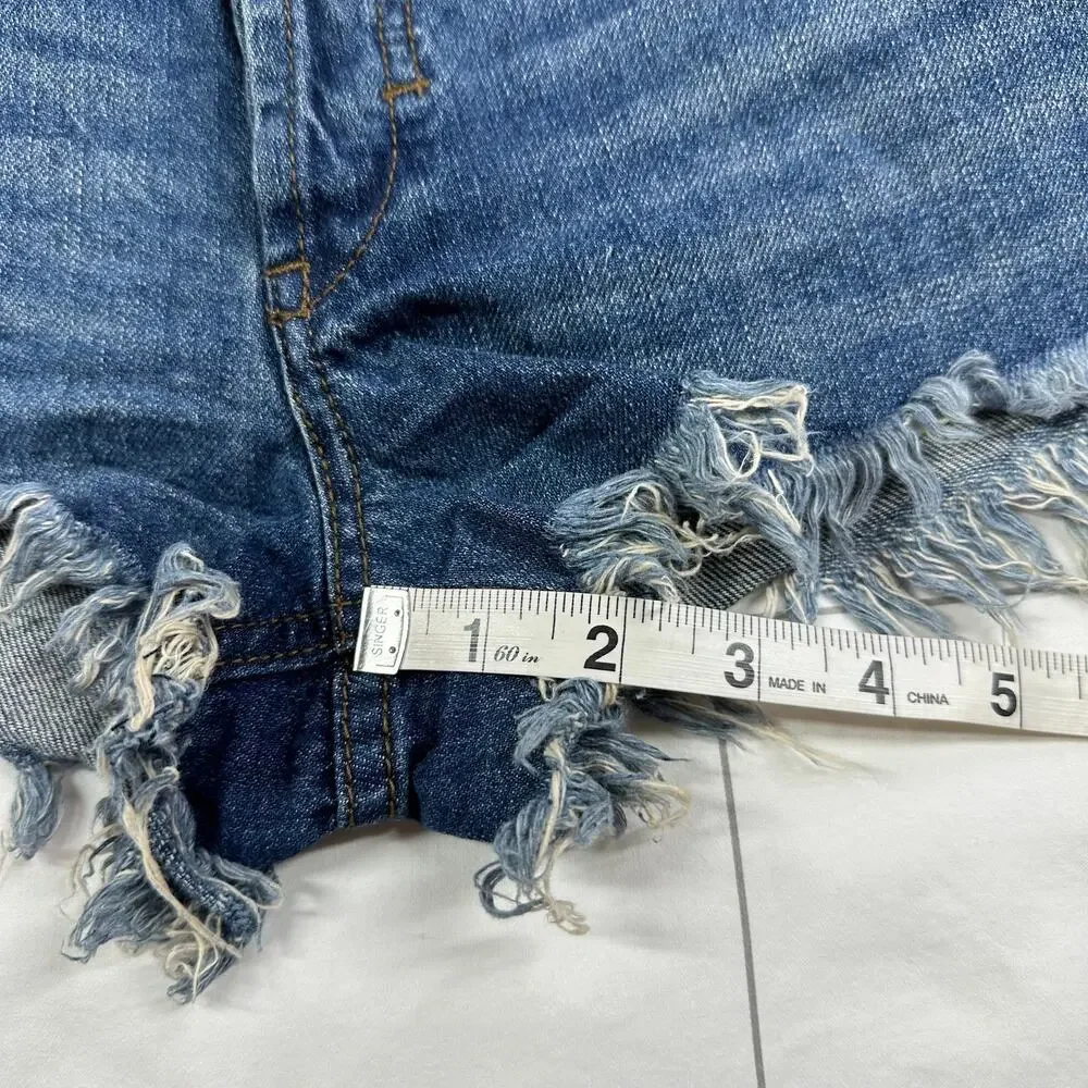 We the Free Denim Shorts Women 26 Blue Medium Wash Distressed Cut Off Button Fly - Picture 9 of 10